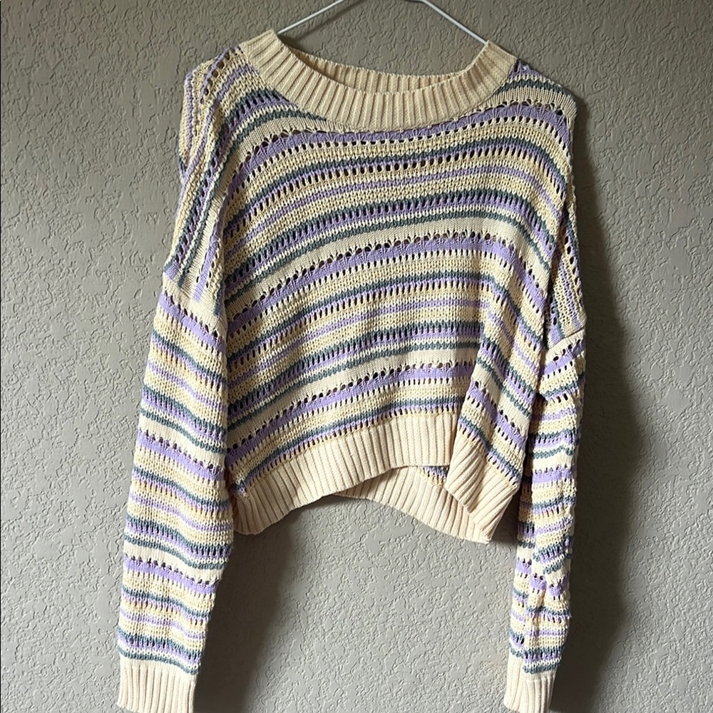 Altar'd State Cream and Purple Crew Neck Sweater